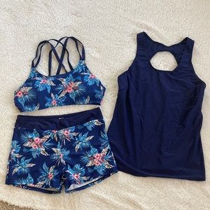 Navy/ Floral swimsuit! High rise shorts, tank top, bra. M